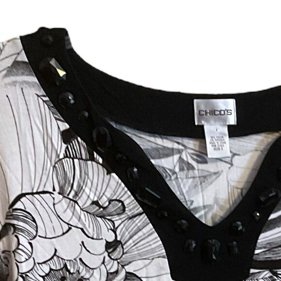 Chico's Tunic Top 3/4 Sleeve V-Neck Size 3 (16) Floral Stretch Faceted Embellish - Picture 7 of 7